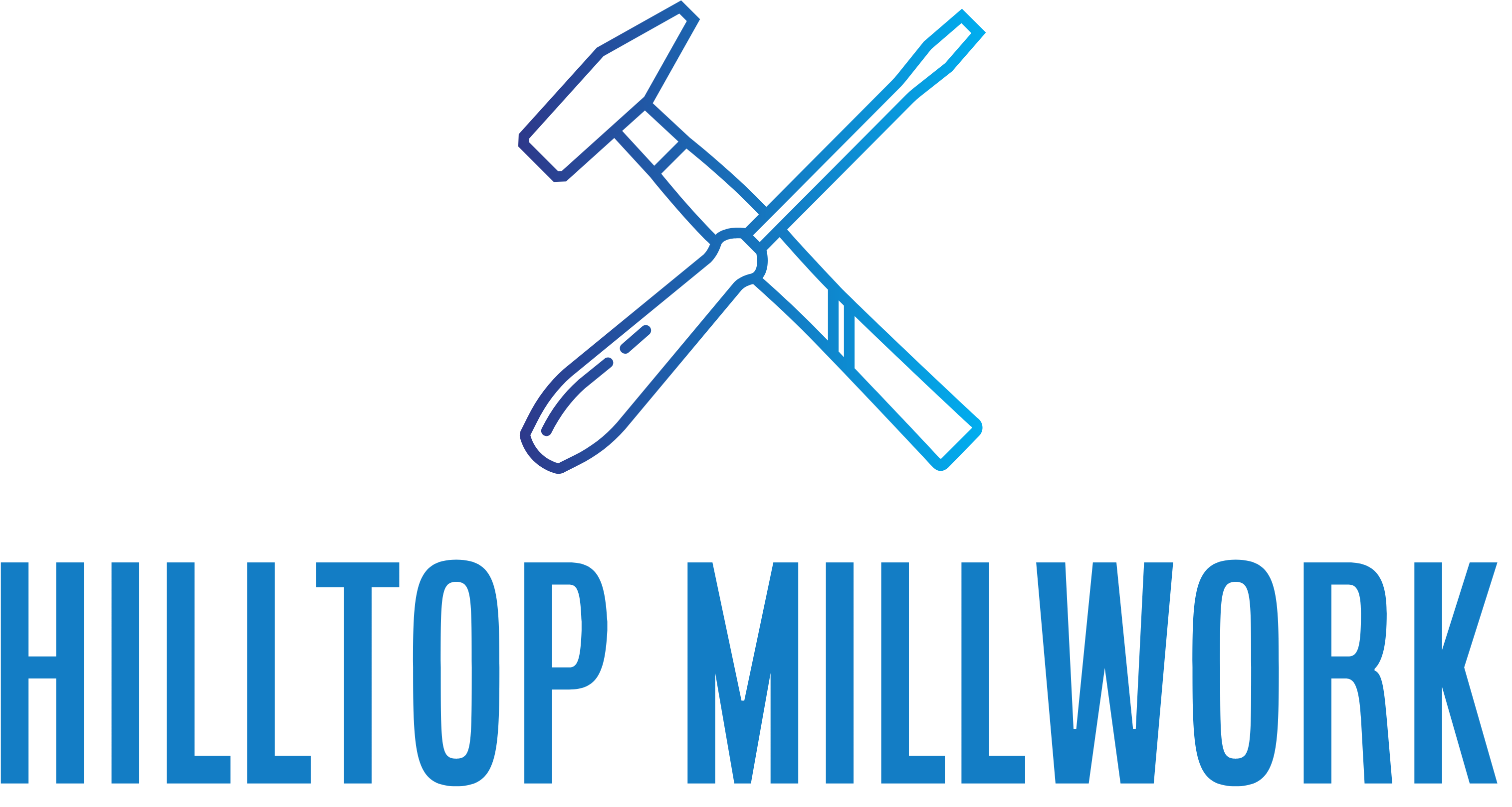Chisel and hammer in blue gradient about 'Hilltop Millwork'.